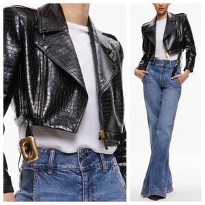 Alice + Olivia Krishna Cropped Faux Croc Moto Jacket Gold Belt NWT Small